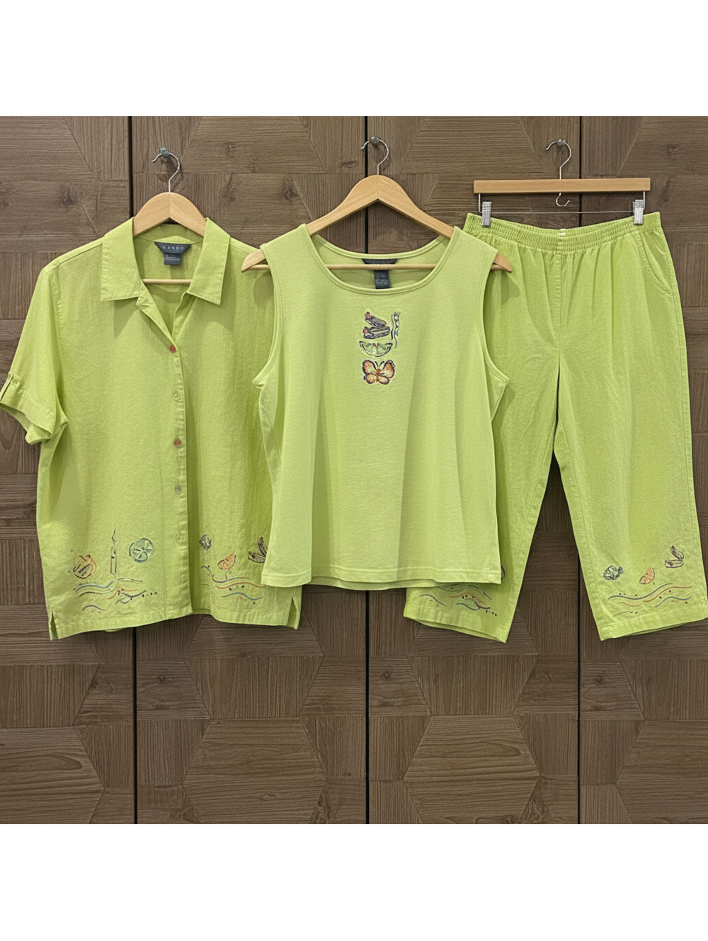 Vintage Koret Lime Green Butterfly 3 Pc Capri Set Large Cottagecore Vacation